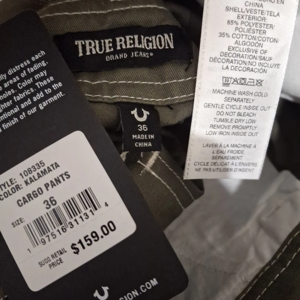True Religion Mens 36x31 Green Cargo Pants NWT